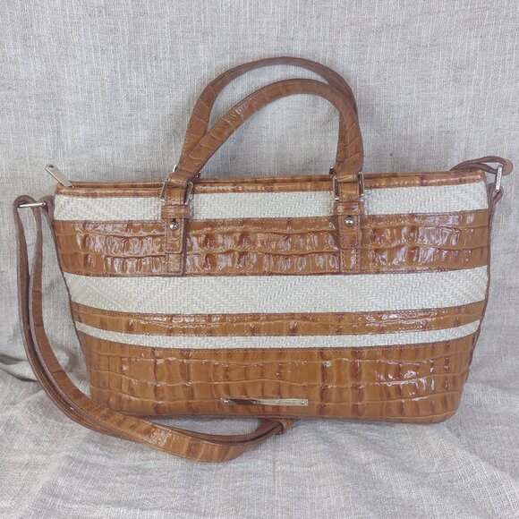 Brahmin Handbags - BRAHMIN Straw & Leather Melbourne Asher Whiskey Stripe Raffia Croc Embossed EUC